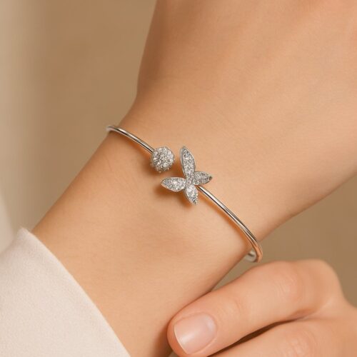 Sparkling Butterfly & Pavé Sphere Open Cuff Bracelet in Sterling Silver