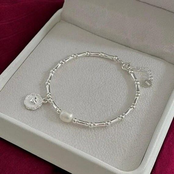 bracelet6 w Sterling Silver Bamboo Link Bracelet with Freshwater Pearl & Heart Medallion - Image 1