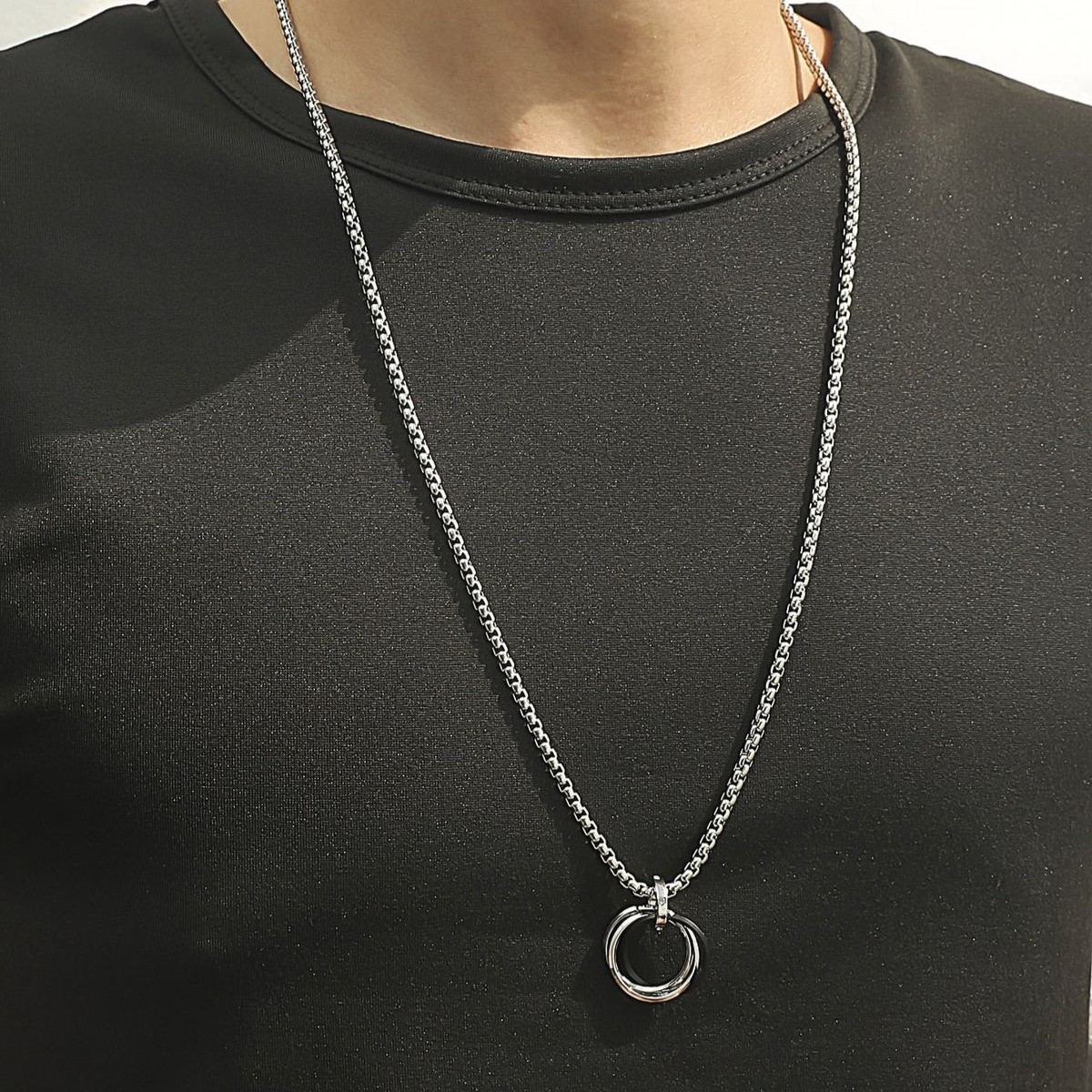 chain5 Men’s 925 Sterling Silver Box Chain with Interlocking Circle Pendant - Image 1