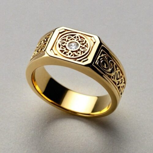 Gold Filigree Signet Ring – Ornate Lattice Statement Band with Brilliant Center Stone
