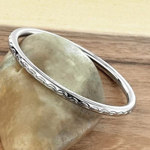 Minimalist Wave-Etched Sterling Silver Bangle