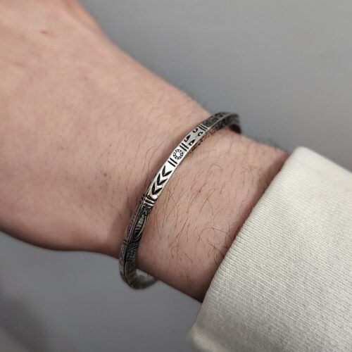 Minimalist Tribal-Etched Sterling Silver Slim Kada