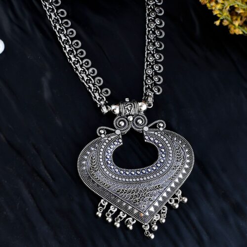 Oversized Oxidized Silver Tribal Pendant on Textured Double Chain