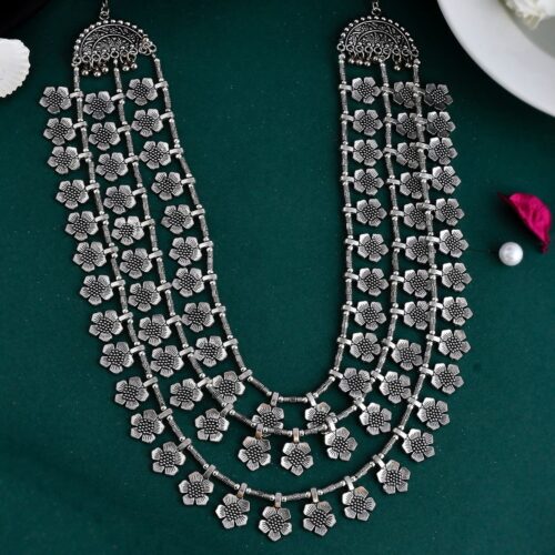 Triple-Layered Floral Rani Haar – Exquisite Oxidized Silver Statement Necklace