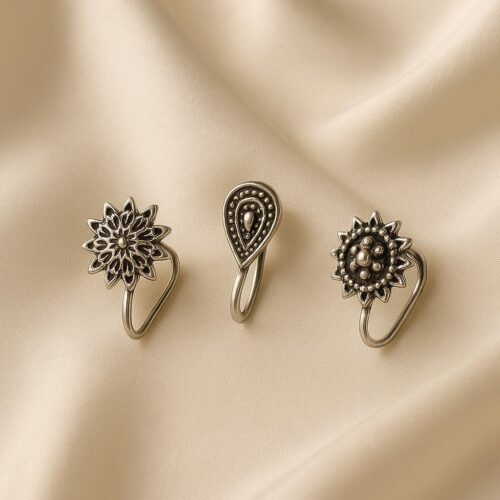 Vintage Floral Oxidized Silver Clip-On Nose Pin Set