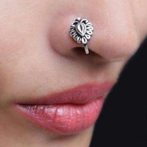 Tribal Embossed Floral Nose Pin – Large Clip-On Silver Disc