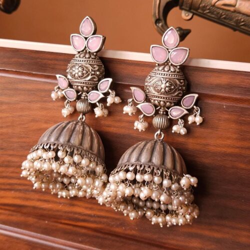 Vintage Pink & Pearl Tribal Jhumkas | Oxidized Silver Earrings