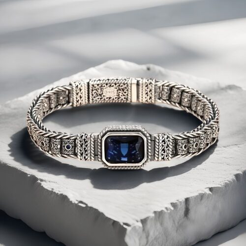 Men's Handcrafted 925 Sterling Silver Filigree Bracelet with Sapphire Blue Centerpiece