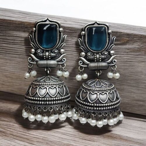 Midnight Blue Fusion Jhumkas | Tribal Oxidized Silver Jewelry