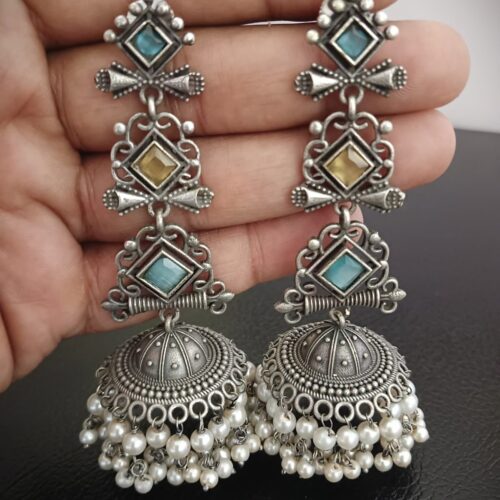 Regal Teal & Heart-Patterned Oxidized Silver Jhumka Earrings
