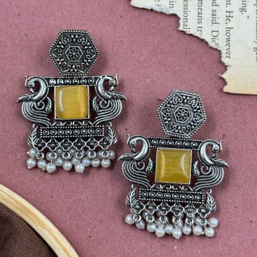 Midnight Teal Heart-Engraved Oxidized Jhumkas