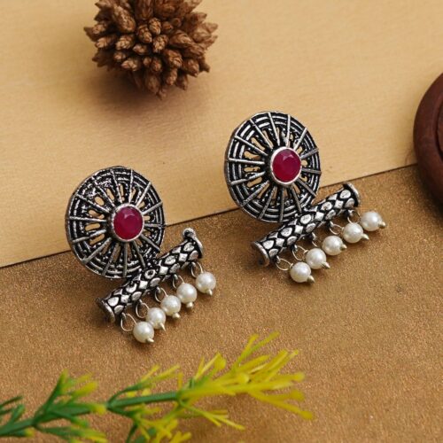 Antique Midnight Teal Stone Jhumkas with Heart-Etched Domes