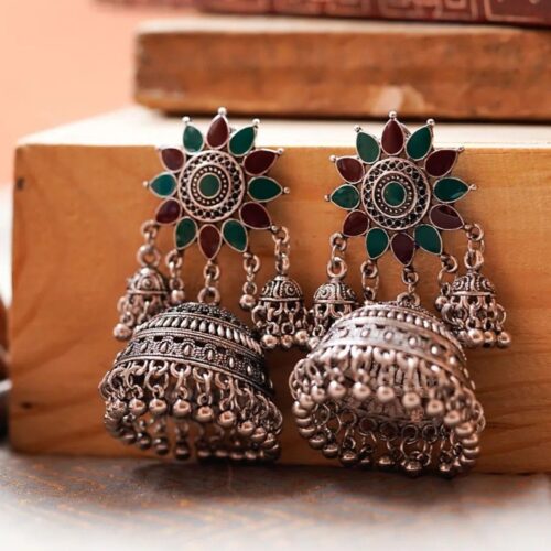 Dual-Tone Floral Enamel Multi-Drop Oxidized Jhumkas