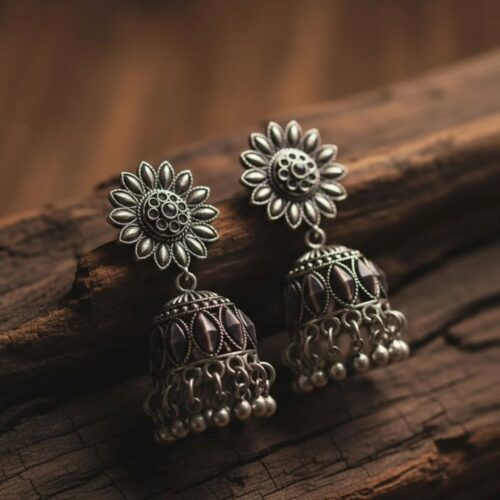 Antique Oxidized Silver Sunflower Jhumka Earrings with Ghungroo Drops