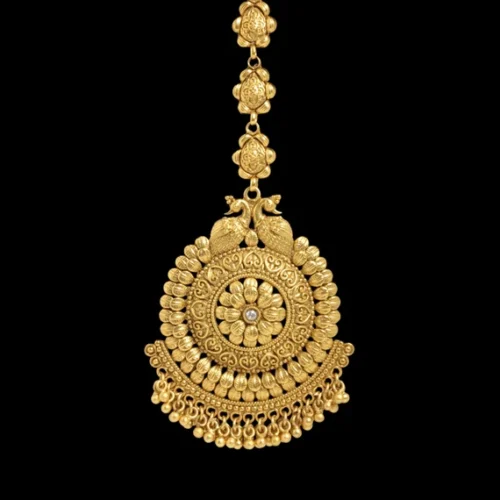 22K Gold Antique Peacock Maang Tikka with Floral Filigree