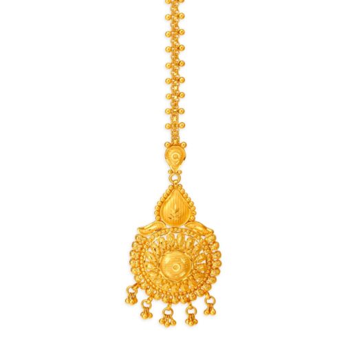 Traditional Circular Filigree Gold Maang Tikka with Ornate Beaded Chain