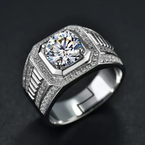 Hallmarked Elegant Silver Ring With Classic Diamond For Men